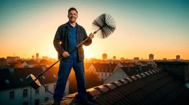 Chimney technician on a rooftop at sunset in north Mecklenburg County