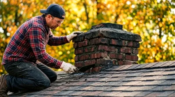 Mason rebuilding a chimney crown in Rosedale, Huntersville